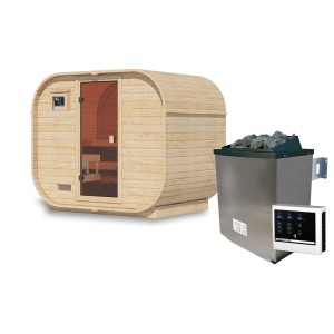 Karibu Fasssauna Quadro 1 Plus mit Ofen (9 kW, extern, naturbelassen).