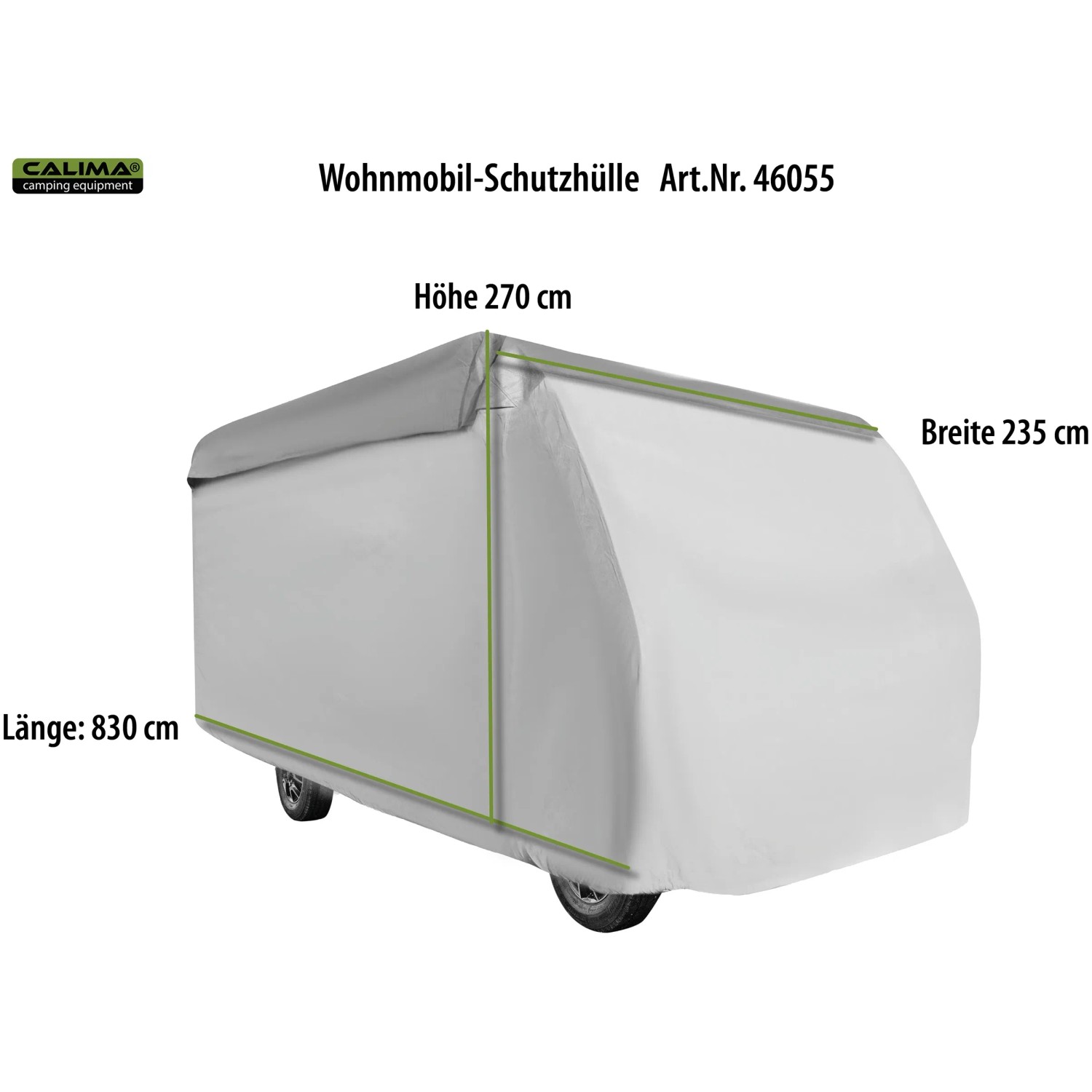 Graue Wohnmobil-Schutzhülle (830x235x270cm) zum Schutz vor Witterung und Verschmutzung.
