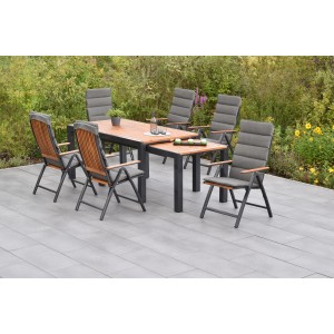 Merxx Athos 13-tlg. Gartenmöbel-Set mit Ausziehtisch und 6 Klappsesseln mit grauen Auflagen.