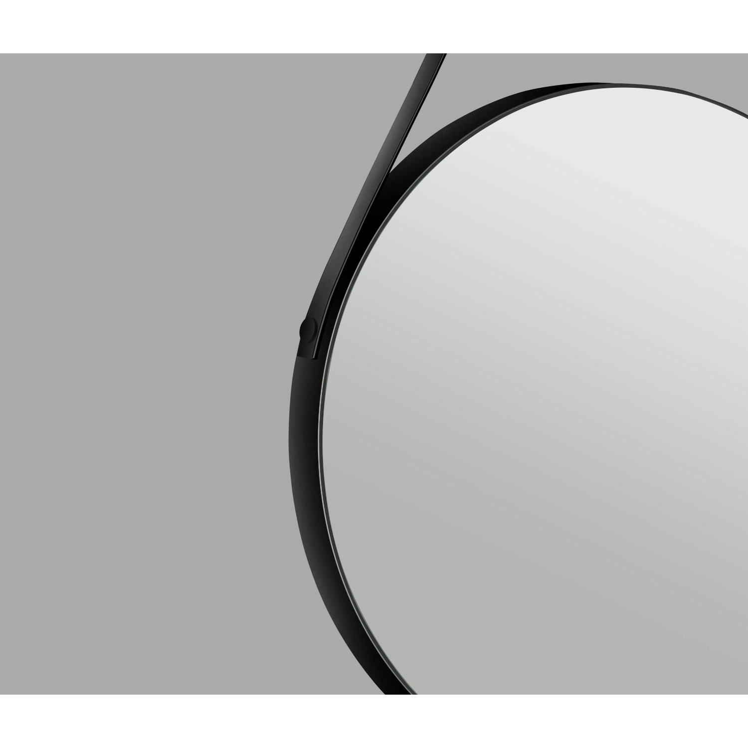 Runder DSK Designspiegel Black Vince, Ø 60 cm, mit schwarzem Rahmen und Lederband.