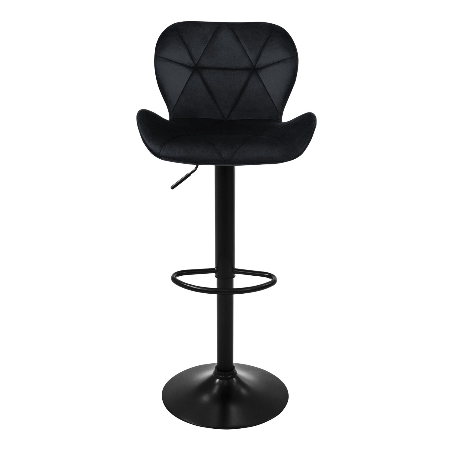 Schwarzer ML-Design Barhocker mit Samtbezug, höhenverstellbar und mit Fußstütze.