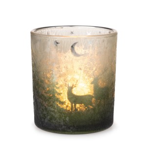 Grün-silberner Teelichthalter Windlichtglas mit Wintermotiv für stimmungsvolle Weihnachtsdeko.