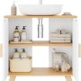 Weißer Waschbeckenunterschrank mit Holzoptik-Regalen, 2 Türen offen, Stauraum für Badutensilien. Modernes Badmöbel.