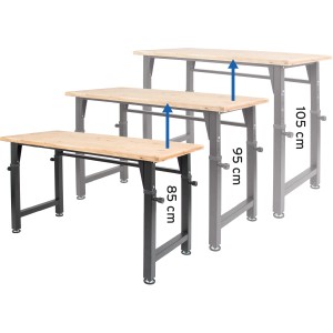 rikta Werkbank, höhenverstellbar von 85 bis 105 cm, mit Holzplatte und schwarzem Stahlgestell.