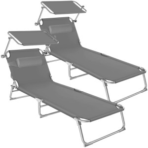 Tectake 2Er Set Sonnenliege Chloé Klappbar Stufenlos Verstellbares Sonnendach  190 x 68 x 65 cm Grau