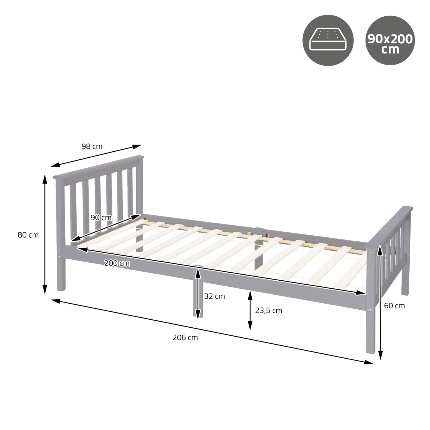 ML-Design Holzbett mit Lattenrost und Matratze, 90x200cm, hellgrau, Maße