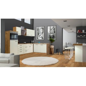 Flex-Well Winkelküche Vintea in Magnolia und Lancelot Oak mit E-Geräten.