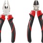 Zwei Zangen im Werkzeugkoffer Set: Kombizange und Seitenschneider mit rot-schwarzen Griffen.
