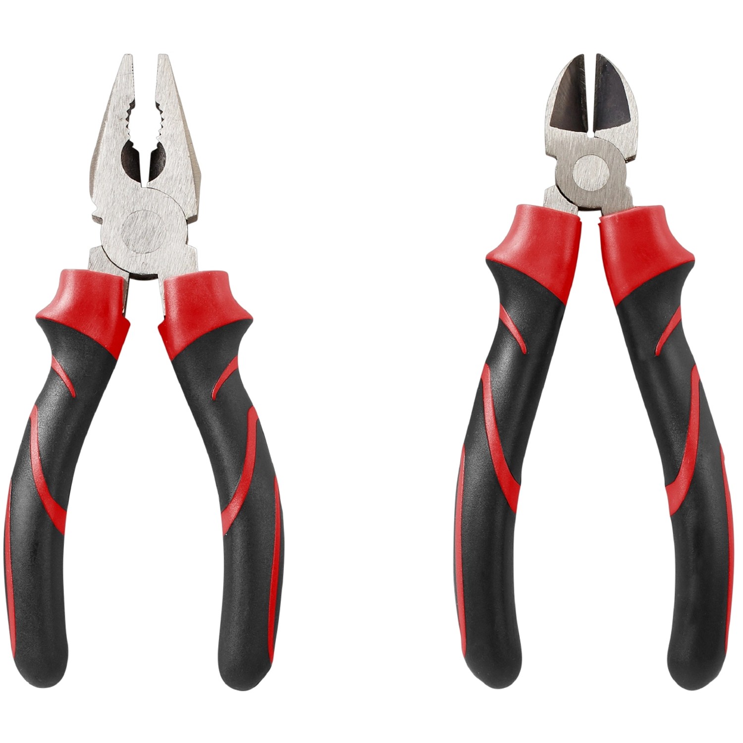 Zwei Zangen im Werkzeugkoffer Set: Kombizange und Seitenschneider mit rot-schwarzen Griffen.