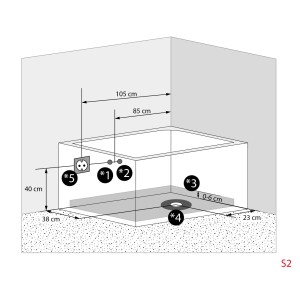 Skizze der AquaVapore Seniorenwanne mit Tür (170x85cm) zeigt Anschlussmaße für Installation.
