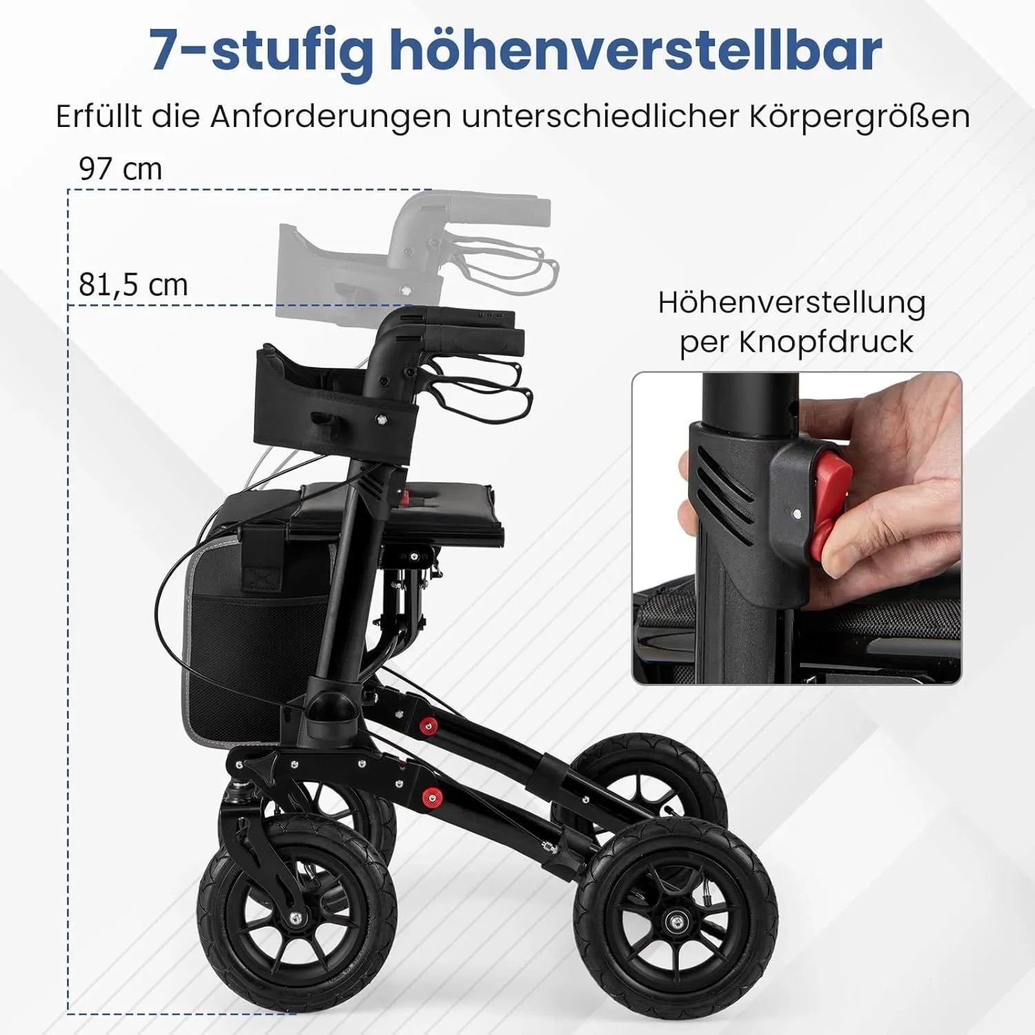 Schwarzer Costway Rollator mit Luftbereifung, 7-fach höhenverstellbar für Sport & Fitness.