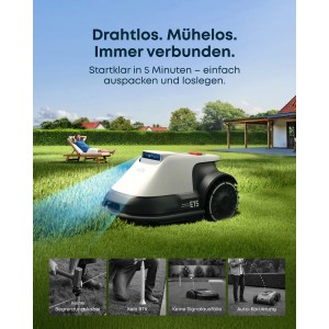 Eufy Mähroboter E15 auf Rasen, kabellos, mit Hinderniserkennung. Komfortable Rasenpflege für bis zu 800 m².