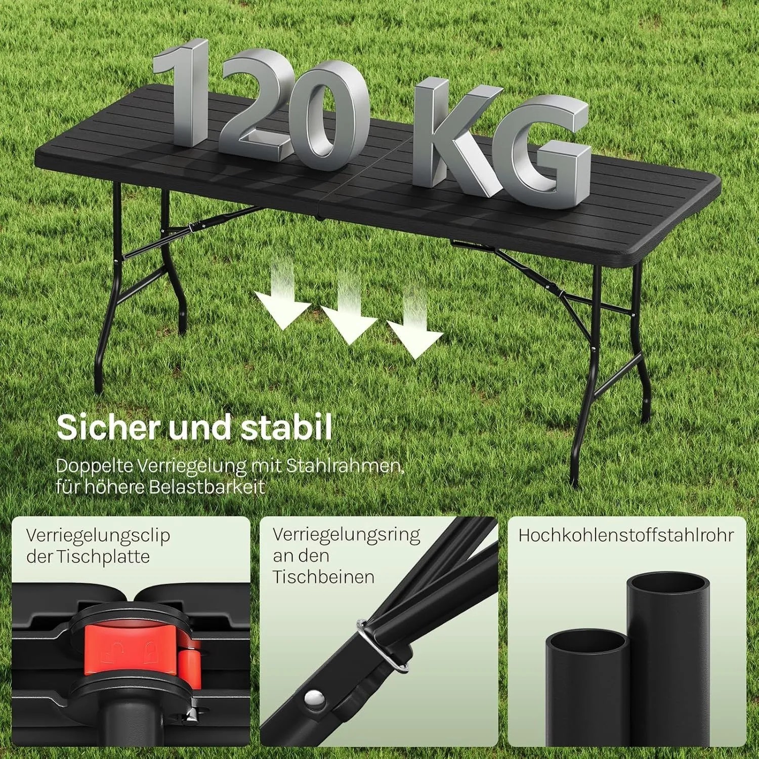 WOLTU Gartentisch, schwarz, klappbar. Zeigt 120 kg Belastbarkeit, doppelte Verriegelung und robusten Stahlrahmen.