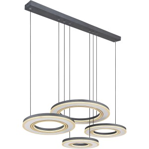 Moderne LED-Pendelleuchte Blasius, schwarz, mit vier Ringen in unterschiedlicher Größe.