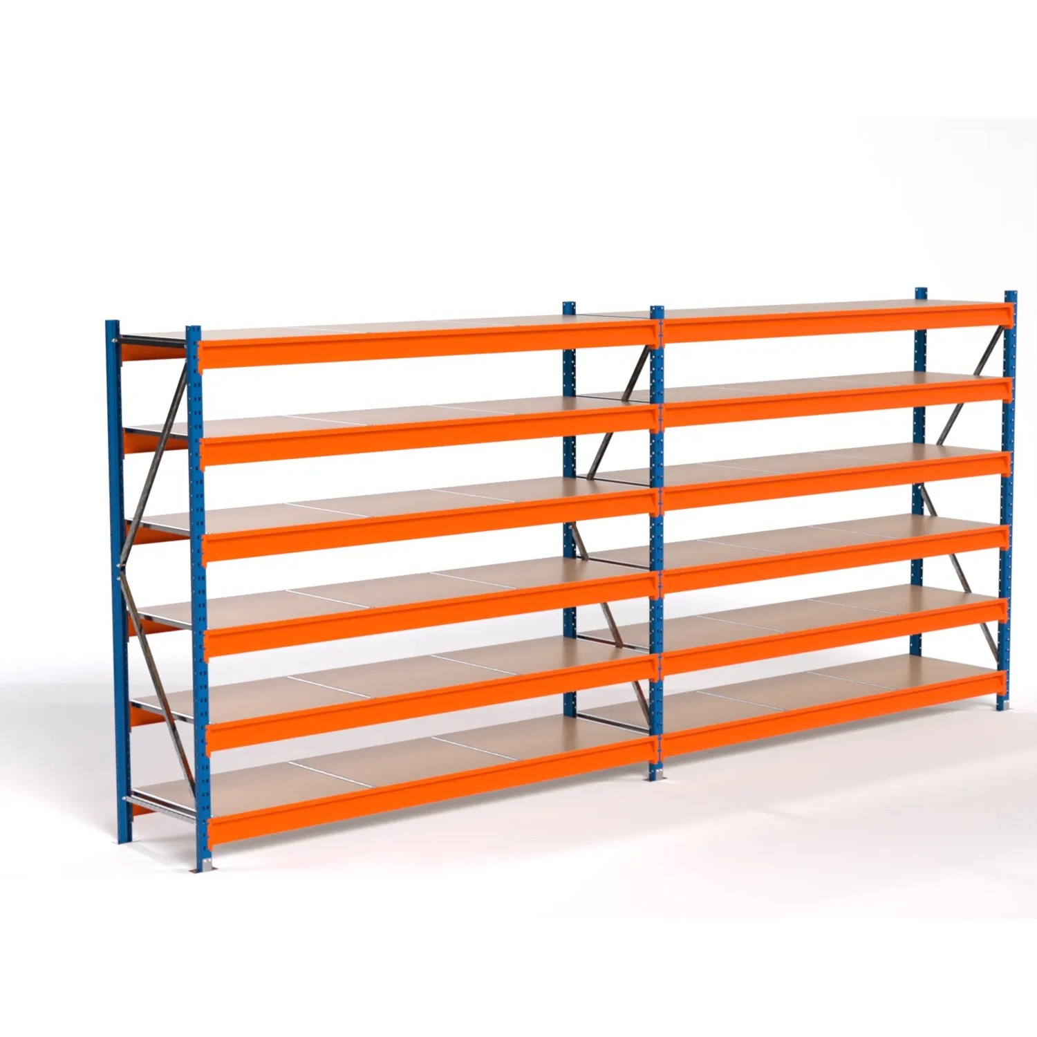 PROREGAL Industrie Weitspannregal Lagerregal MAXIMUS PRO Komplettregal 2 Felder HxBxT 200x450x60cm 6 Spanplatten-Fachboden Fachlast 610kg Blau/Orange