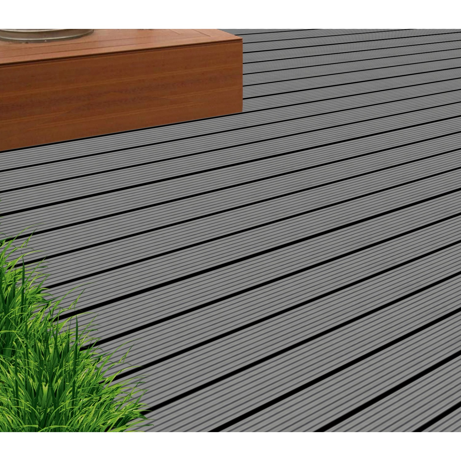 Anthrazitfarbene WPC Terrassendielen mit geriffelter Oberfläche und Clip-System.