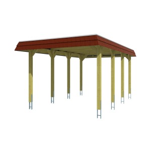 Skan Holz Walmdach-Carport Spreewald, Holzkonstruktion mit roter Blende und Aluminiumplatten.