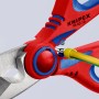 Knipex Elektrikerschere 160 mm, rot/blaue Griffe, schneidet ein gelb-grünes Kabel.