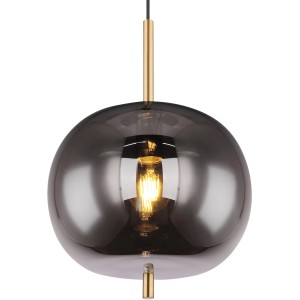 Moderne Pendelleuchte Blacky I mit rauchfarbenem Glasschirm und messingfarbenen Details.