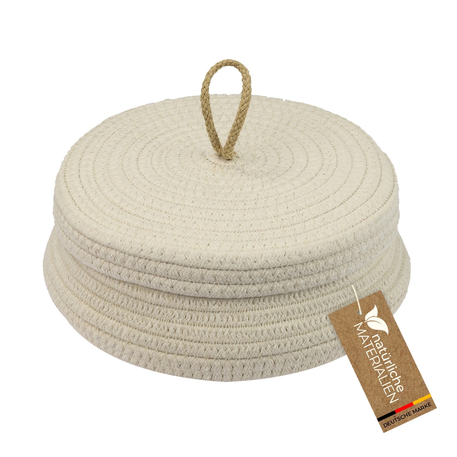 HMF Aufbewahrungskorb Badezimmer Rund Korb Deckel Baumwolle Flach 25 x 11 cm Creme