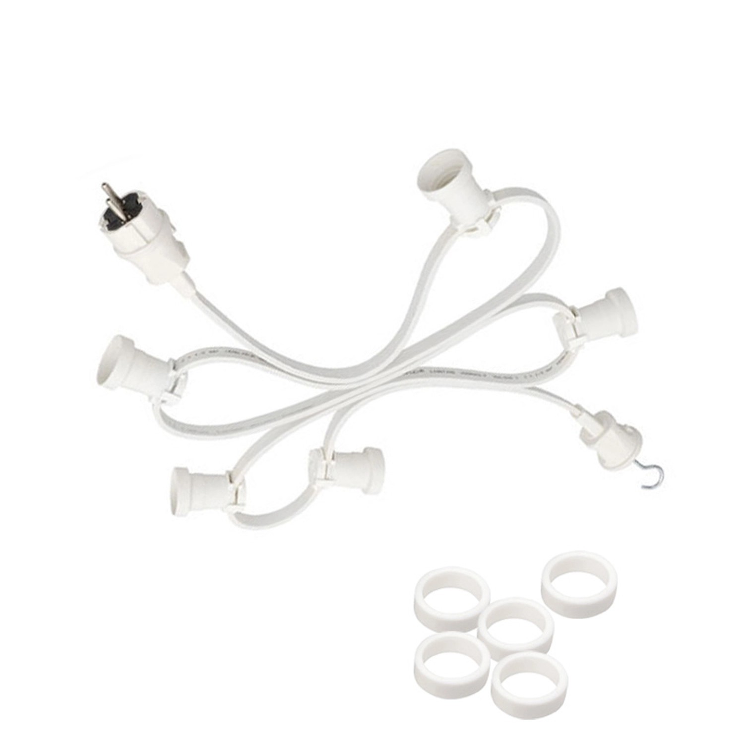 Weiße Satisfire Illu Partylichterkette, 10m, mit 30 E27 Fassungen und LED Kugellampen für Biergarten & Außenbereich.