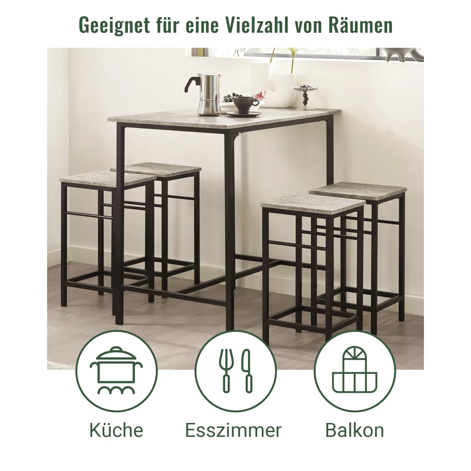SoBuy Essgruppe OGT11-HG, Bartisch-Set mit 4 Hockern, grau-schwarz. Ideal für Küche, Esszimmer oder Balkon.