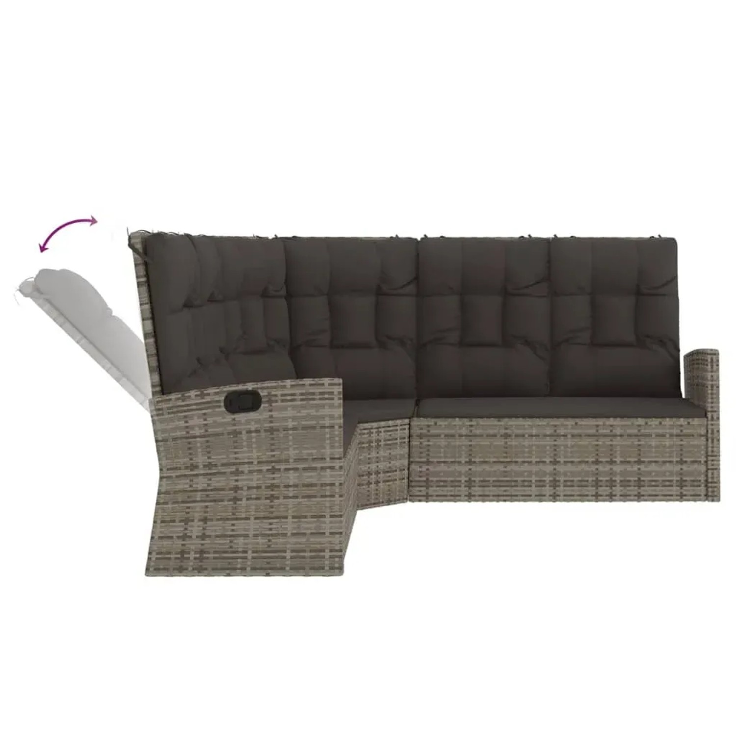 Graues 3-tlg. vidaXL Garten-Lounge-Set aus Polyrattan mit verstellbarer Rückenlehne und Kissen.