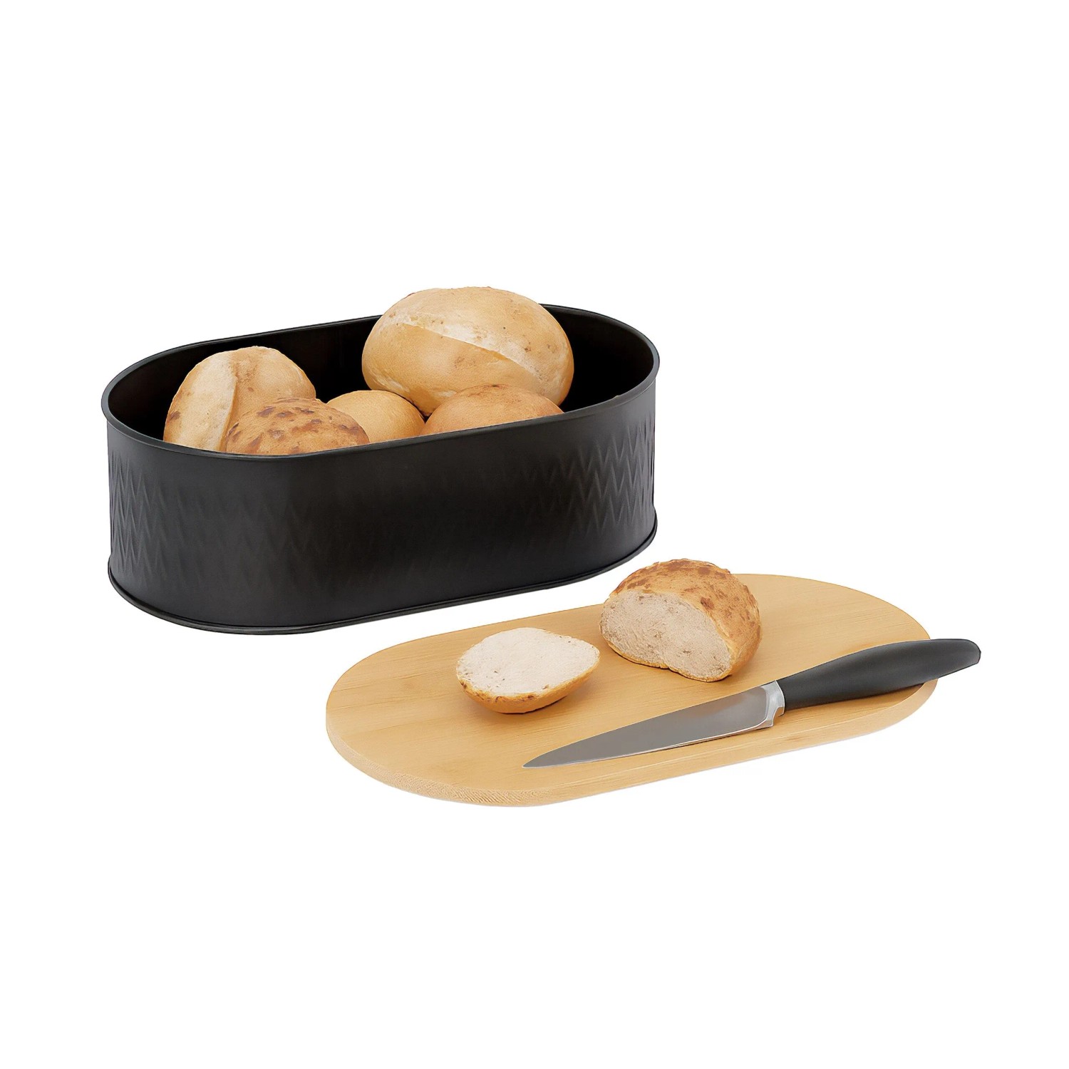 Relaxdays Brotkasten Eisen Bambus Schwarz mit Schneidebrett 33,5 cm x 18 cm x 12 cm 0,8 kg