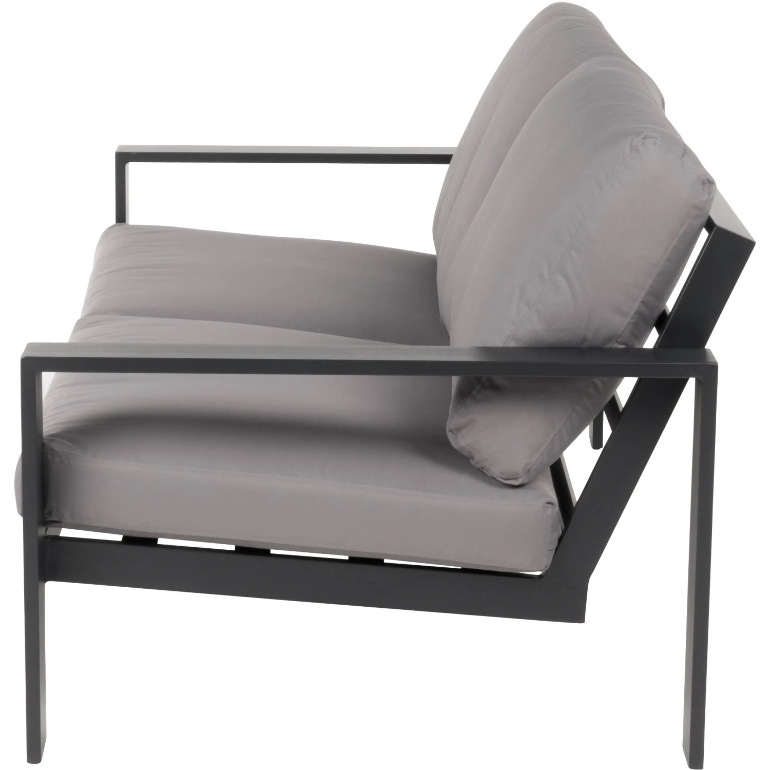 Detailansicht des Home Deluxe Lounge-Sets Rio L: Sofa mit hellgrauen Kissen und schwarzem Aluminiumrahmen.