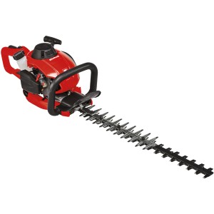 Einhell GE-PH 2555 A Benzin-Heckenschere in Rot mit schwarzem Griff und Schneidevorrichtung.