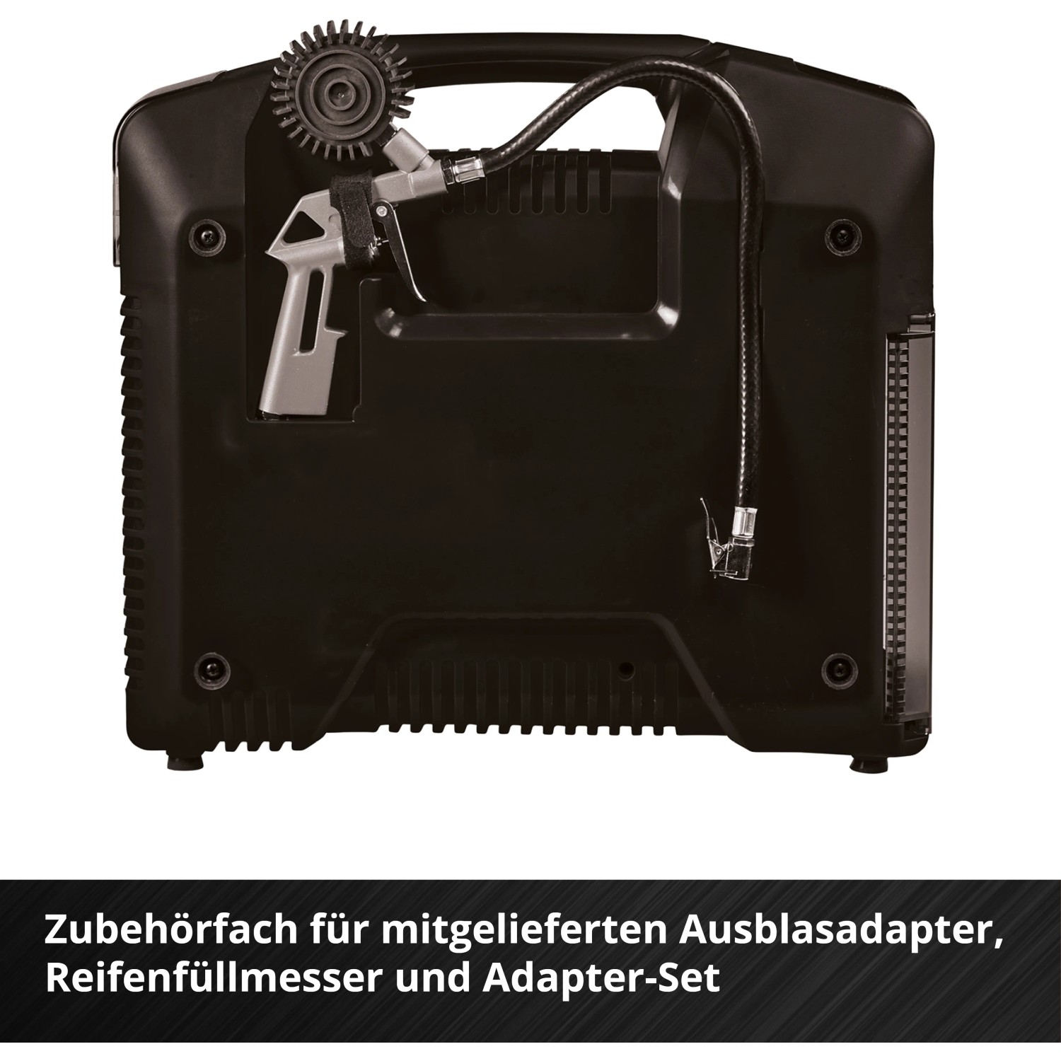 Einhell Akku-Kompressor TE-AC 36/8 Li OF Solo im Koffer mit Zubehör wie Reifenfüller und Ausblaspistole.