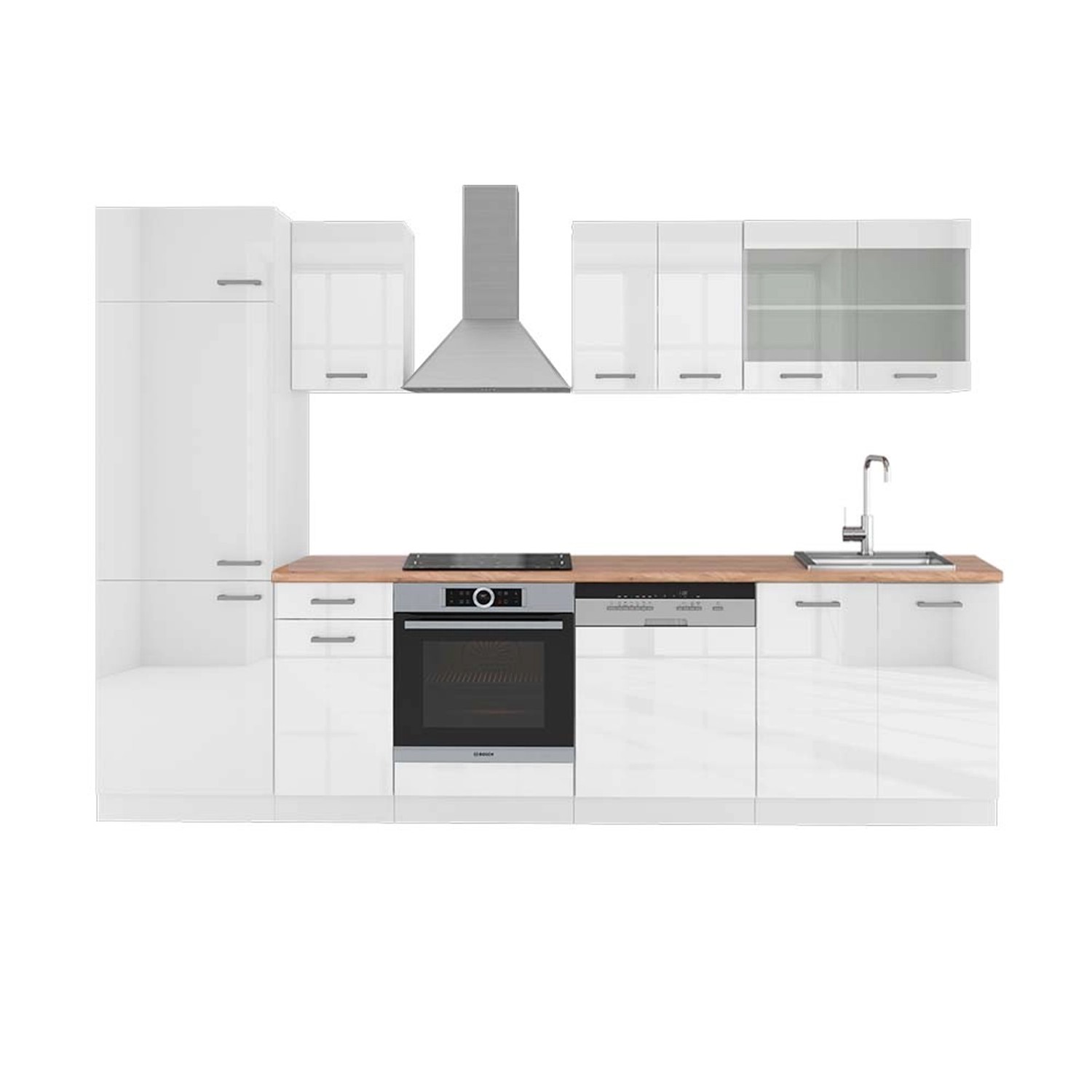 Vicco R-Line Küchenzeile Weiß Hochglanz/Weiß 300 cm AP Eiche günstig online kaufen