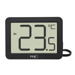 Schwarzes TFA Digitales Innen-Außen-Thermometer mit wasserdichtem Kabelfühler.