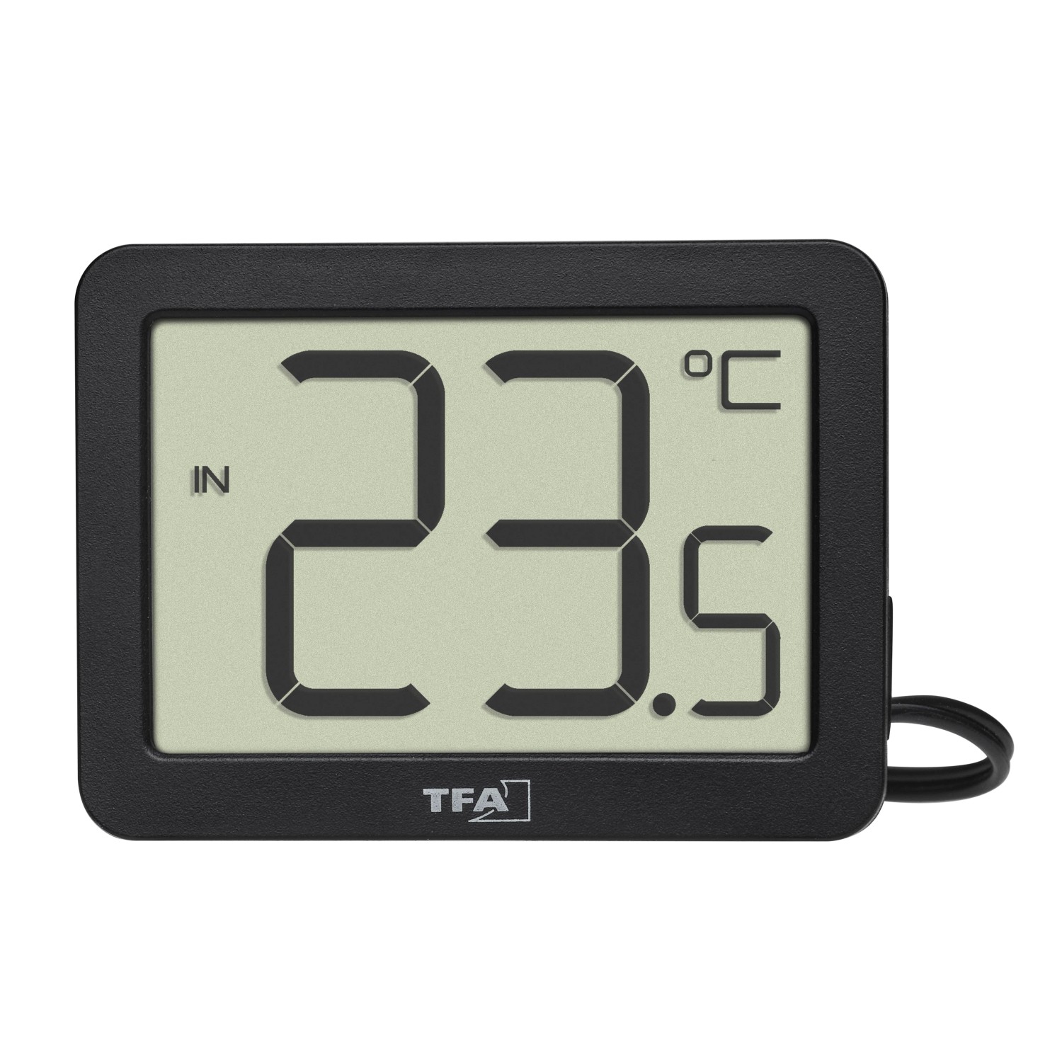 Schwarzes TFA Digitales Innen-Außen-Thermometer mit wasserdichtem Kabelfühler.