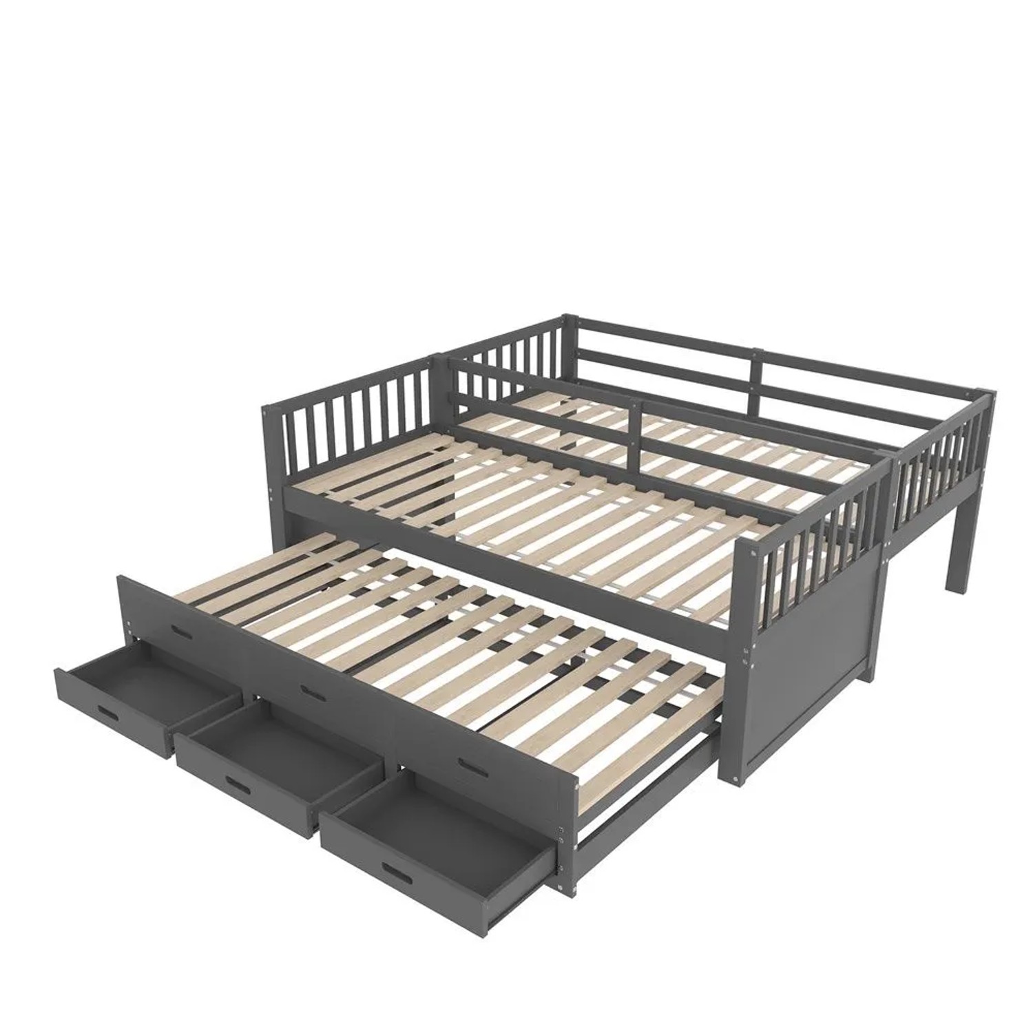 KOMHTOM Kinder-Etagenbett 90 x 200 Cm  Hausbett Mit Leiter  Ausziehbar Und Mit 3 Schubladen  Kiefernholz Und Mdf  Grau
