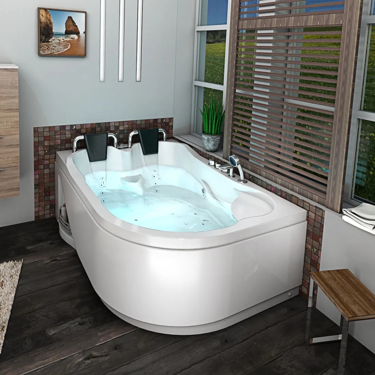 AcquaVapore Eck-Whirlpool W23H-R (120x182) mit Topausstattung, gefüllt mit Wasser im Badezimmer.