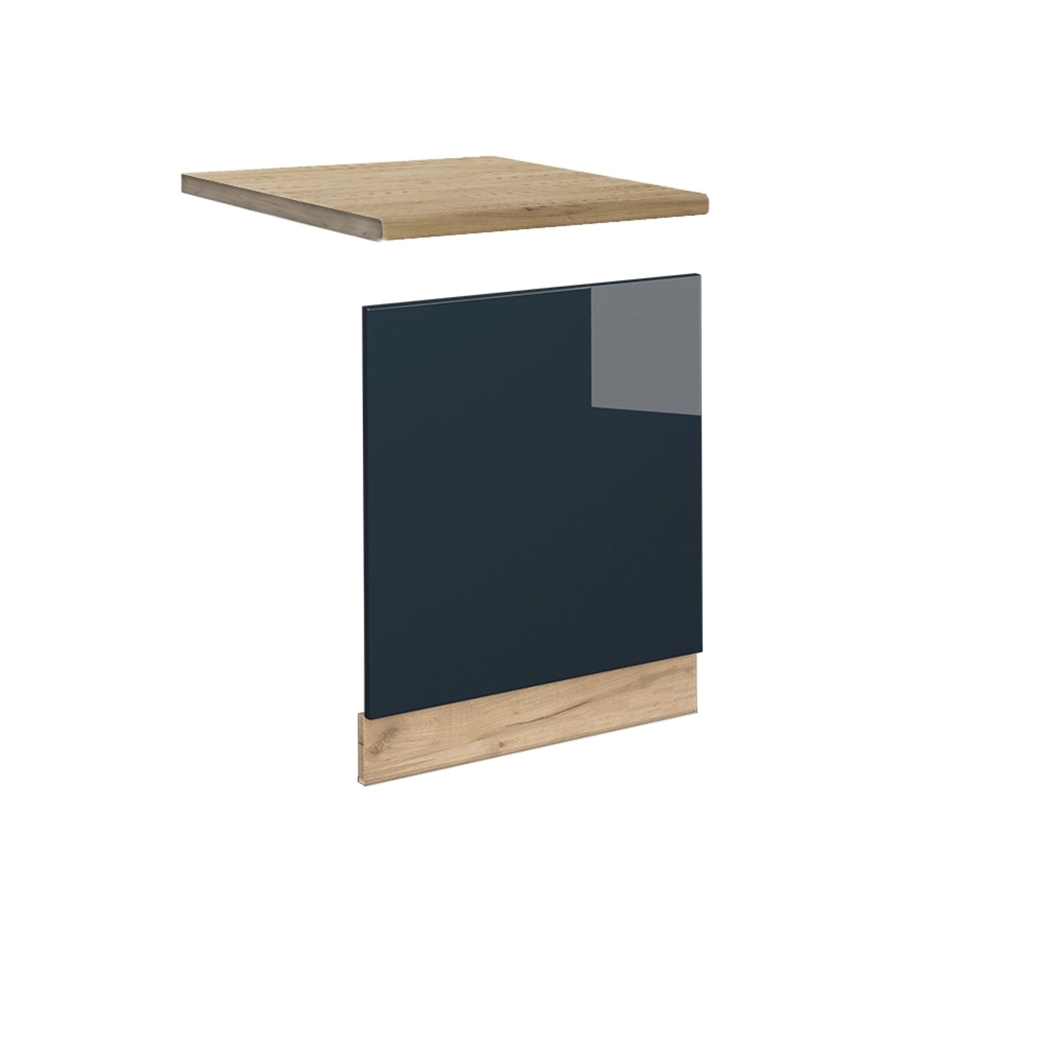 Vicco Frontblende Fame-Line Geschirrspüler Fronttür Dunkelblau Hochglanz 60 cm AP Eiche mit Goldkraft Eiche Korpus