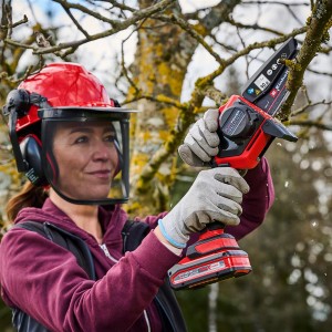 Frau mit Einhell Akku-Kettensäge GE-PS 18/15 Li beim Baumschnitt.