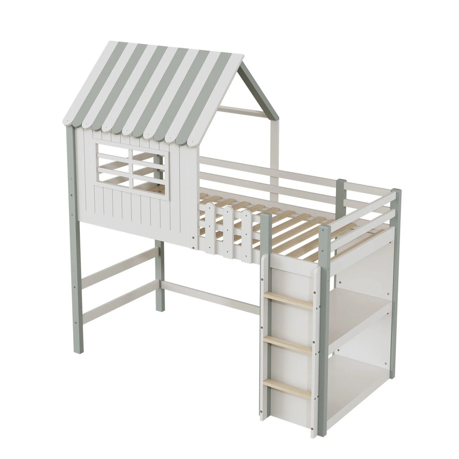 KOMHTOM Kinderbett 90x200Cm Hochbett Mit Sicherheitsleiter Ablagefach Und Lattenrost Massivholzbett Heimbett Dachfürm Grün Ohne Matratze