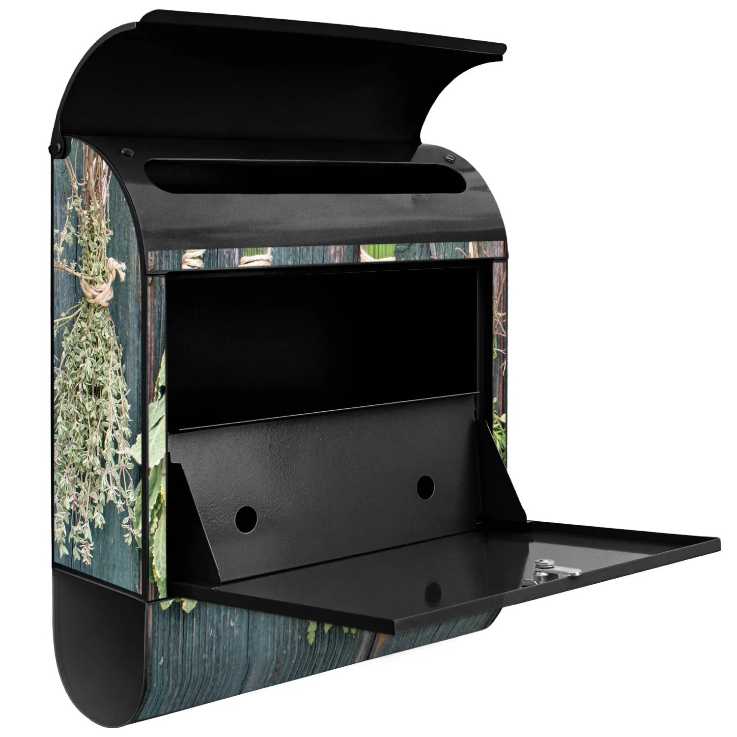 Banjado Design Briefkasten, schwarz pulverbeschichtet mit Kräutermotiv und Zeitungsfach.