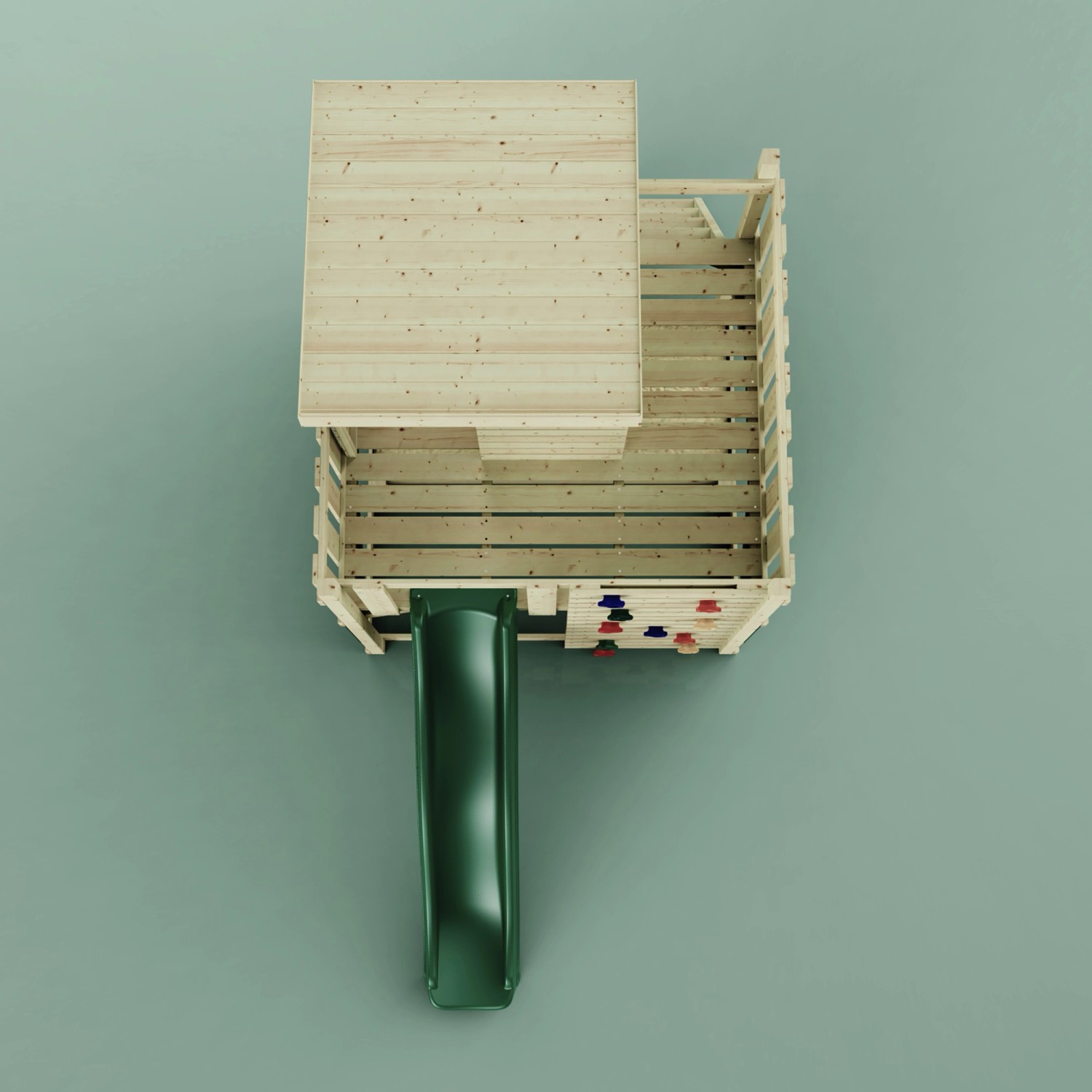 Dunkelgrünes PolarPlay Stelzenhaus Polarlicht mit Rutsche und Kletterwand, Vogelperspektive.