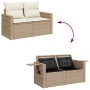 Beige 5-tlg. Garten-Sofagarnitur aus Rattan mit Kissen und Stauraum.