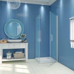 Eckige AICA Pendeltür Dusche, 80x80cm, Alu Silber Matt, 5mm ESG Glas, Eckeinstieg.