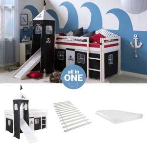 Homestyle4u Hochbett mit Rutsche, Turm und Piraten-Vorhang, inkl. Lattenrost und Matratze.