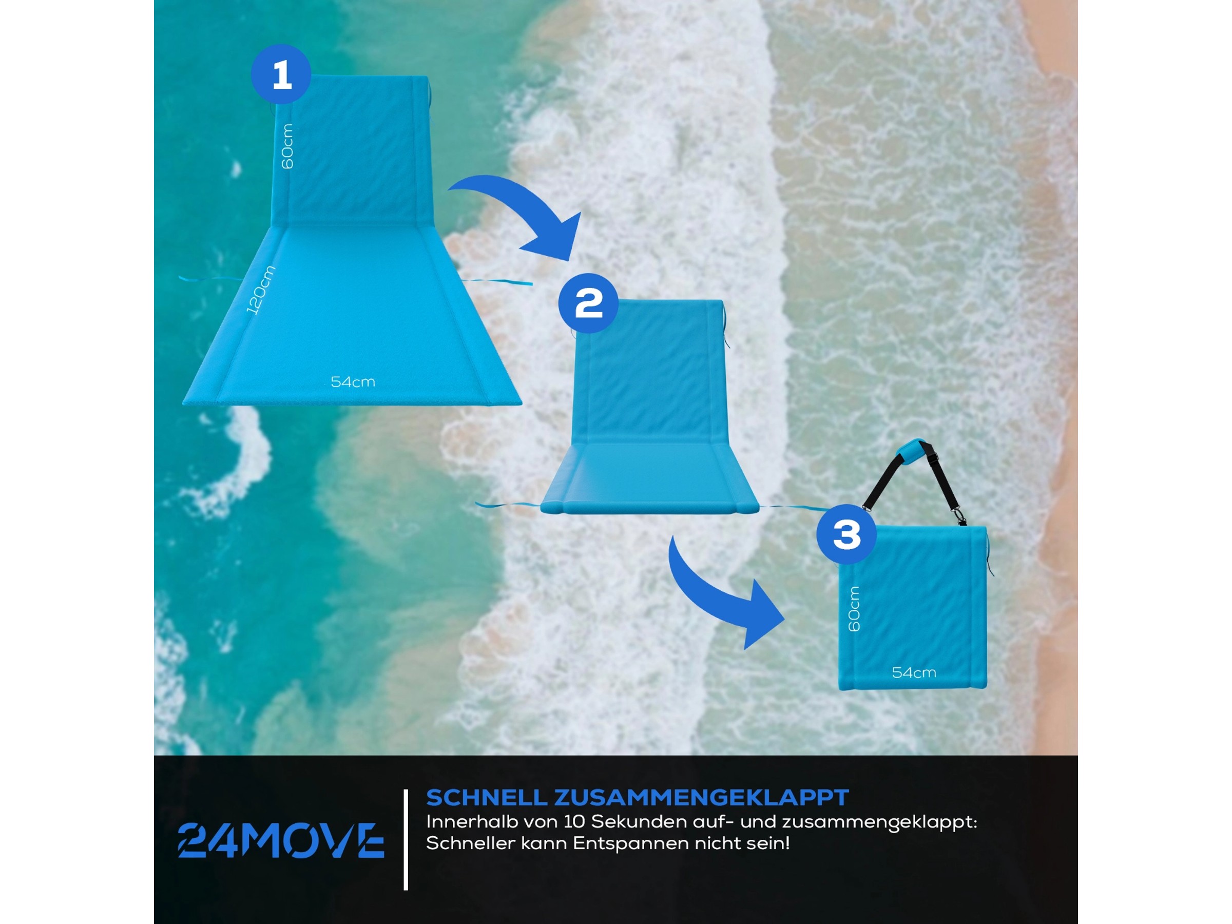 24MOVE Strandmatte Klappbar Mit Rückenlehne&Tasche - Mit Gurt 
