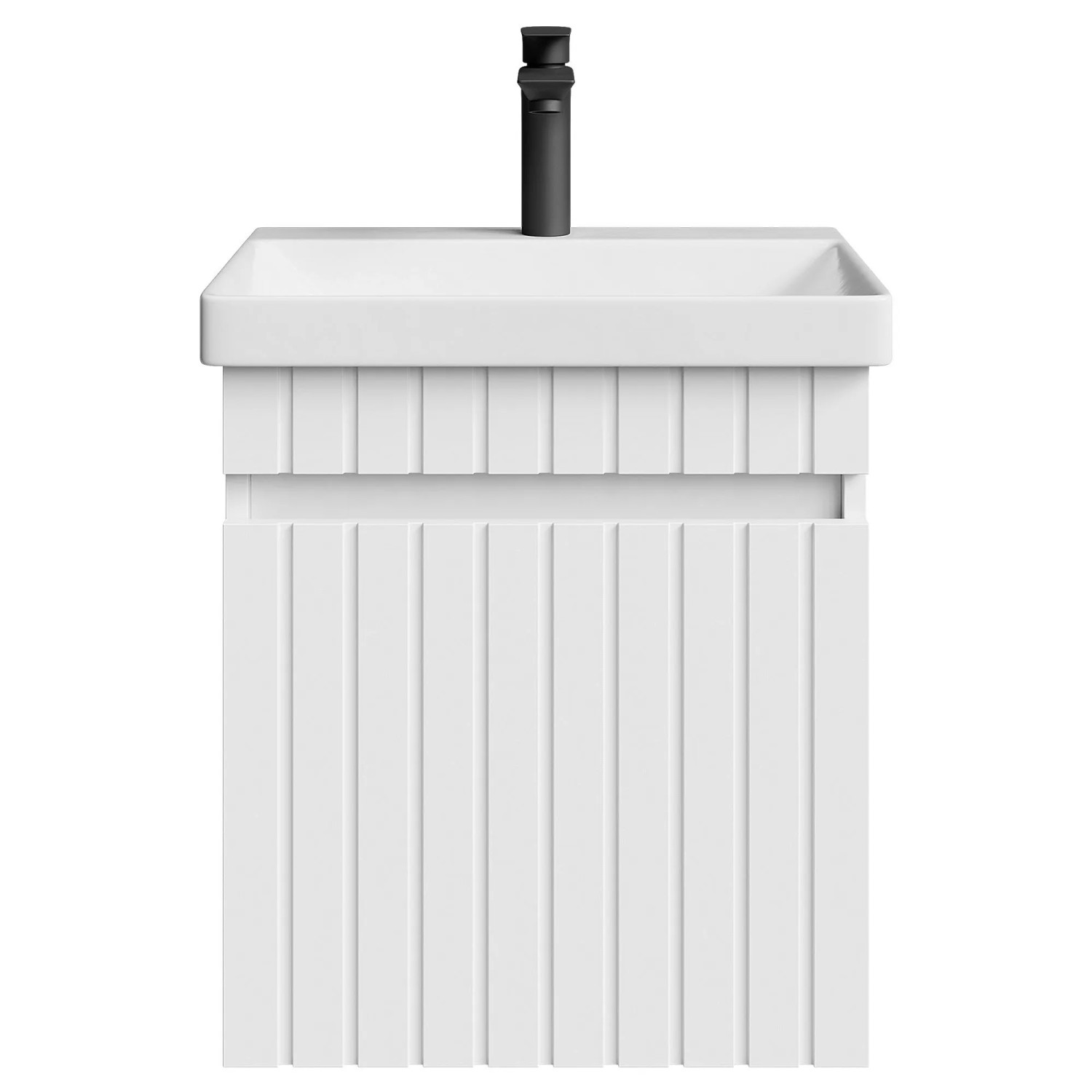 Planetmöbel COSMIA Waschtisch 50 cm Weiß Matt mit Keramikwaschbecken Schublade Armatur Matt Schwarz Soft Close