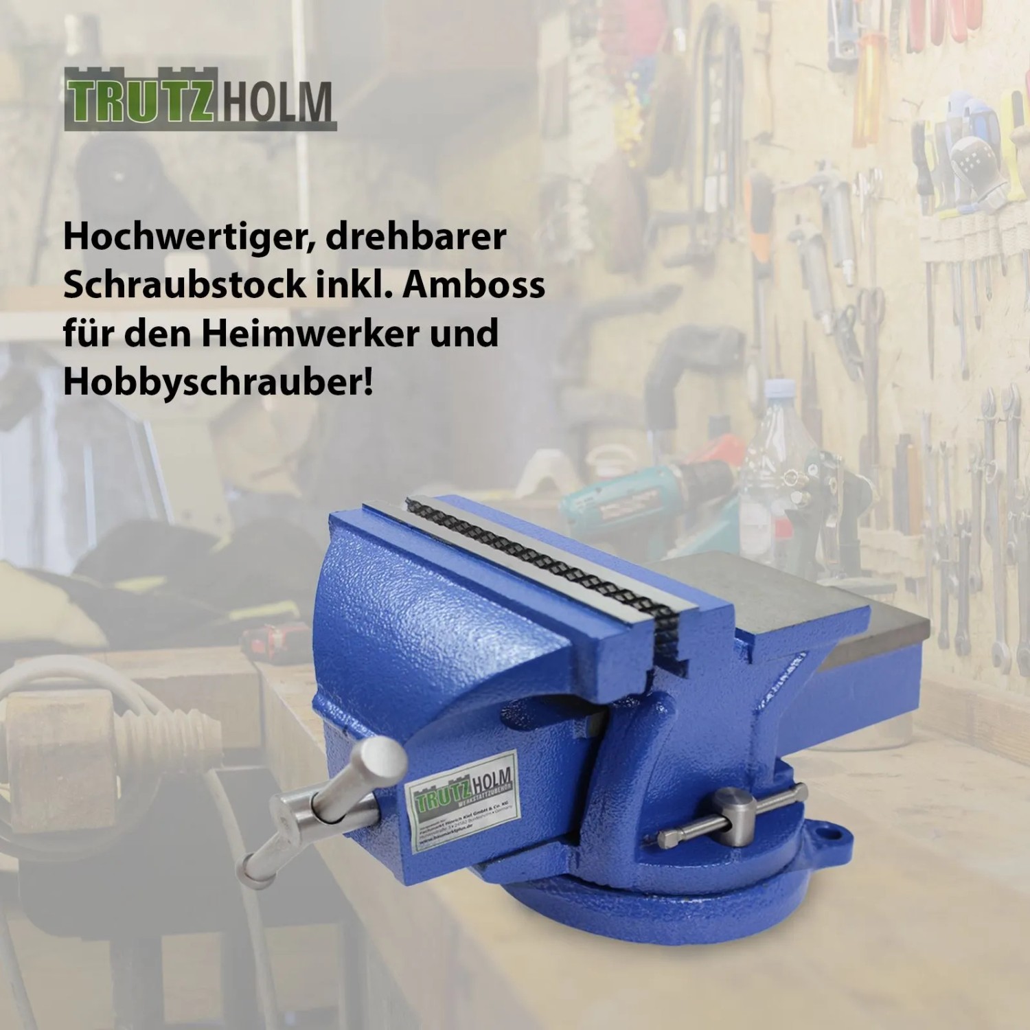 Blauer TRUTZHOLM Schraubstock, 150mm, drehbar mit Amboss für Werkbank.