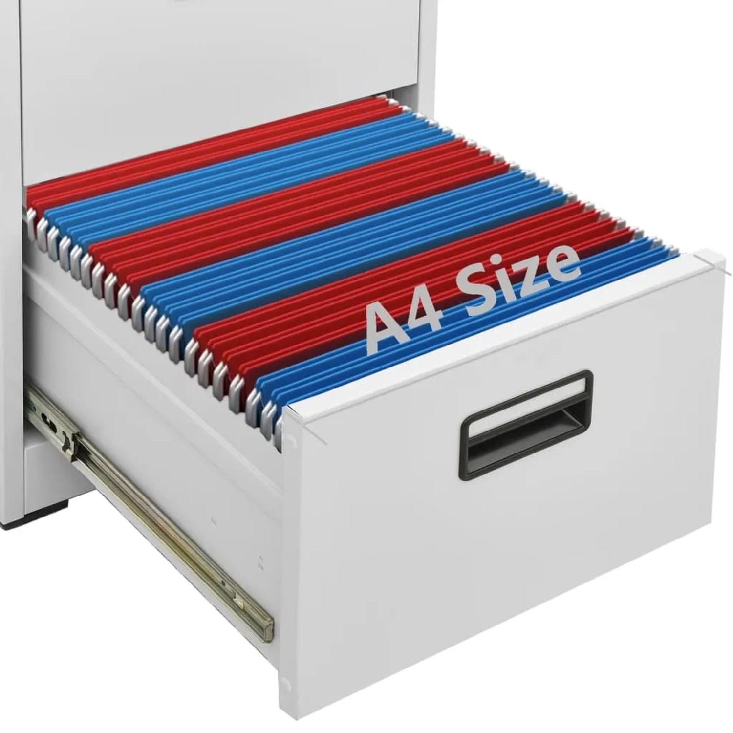 Hellgrauer vidaXL Aktenschrank aus Stahl mit A4 Akten in offener Schublade.