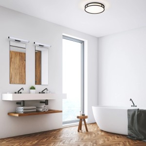 Rendl Deckenleuchte Grande LED 35 mit schwarzem Metallrahmen und flachem Opalglas in modernem Badezimmer.