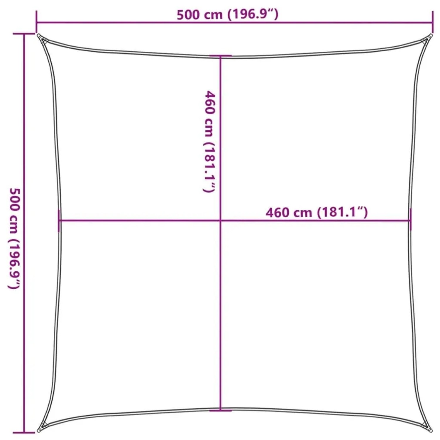 Quadratisches Sonnensegel 5x5 m hellgrau. Maße: 500x500 cm außen, 460x460 cm innen.